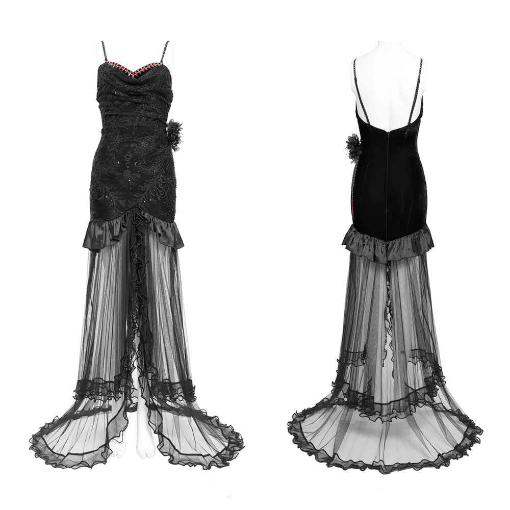 Gothic Black Velvet and Sheer Mesh High-Low Dress - image 3