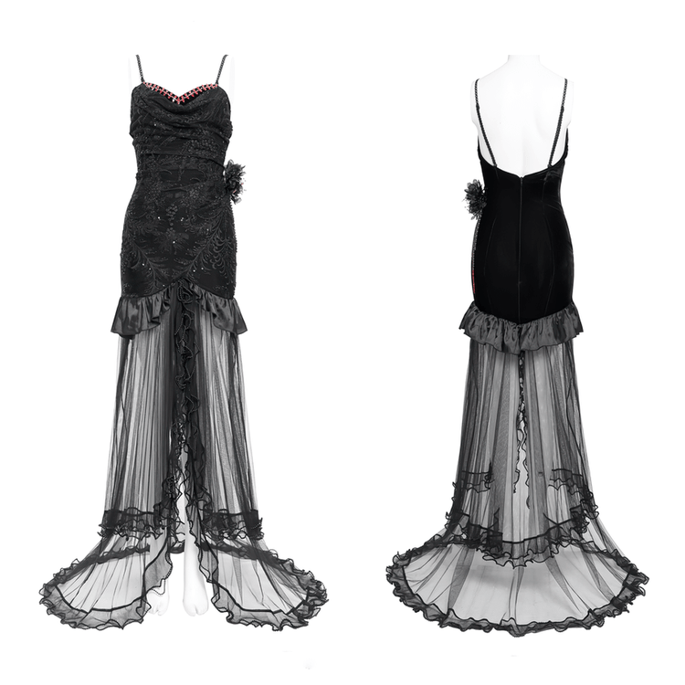 Gothic Black Velvet and Sheer Mesh High-Low Dress - image 3