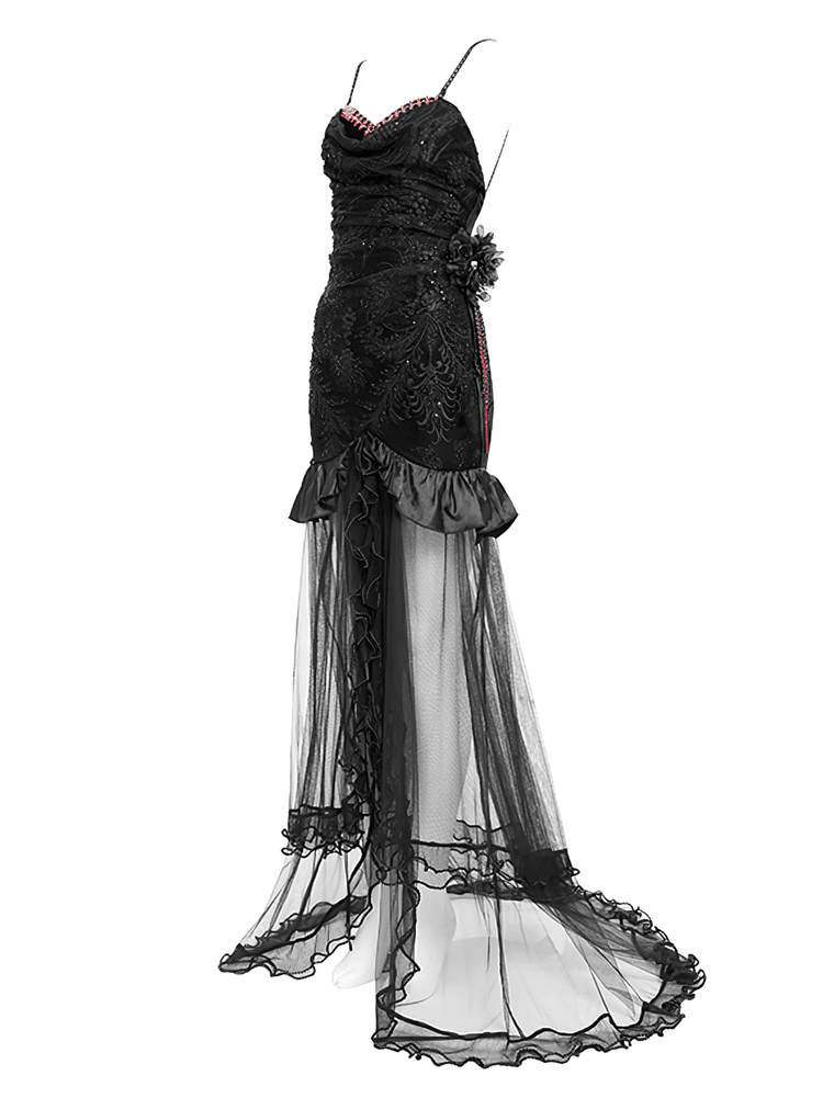 Gothic Black Velvet and Sheer Mesh High-Low Dress - image 5