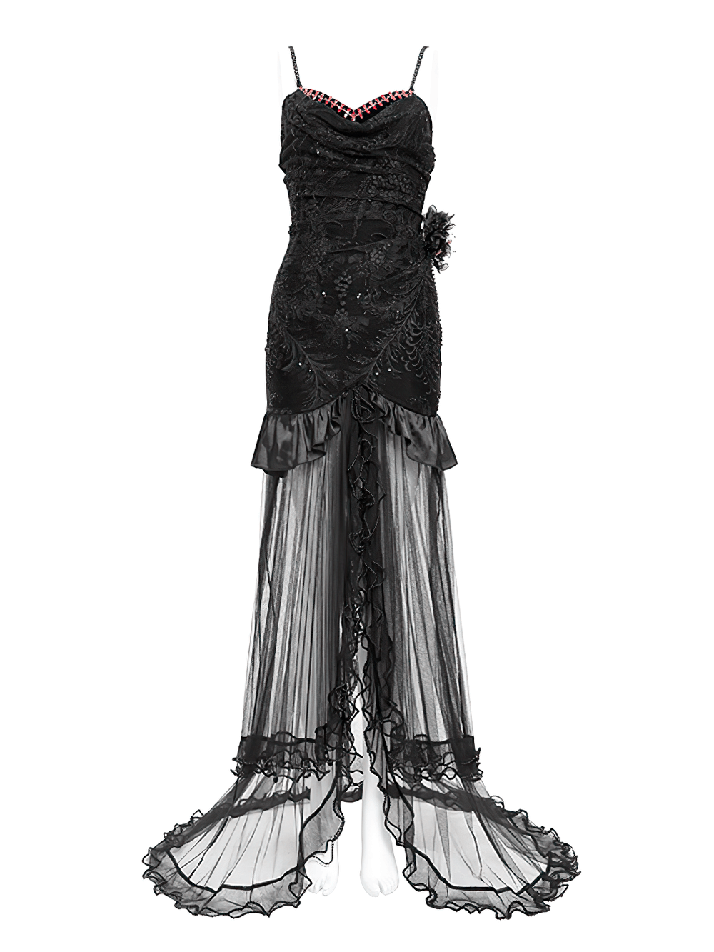 Gothic Black Velvet and Sheer Mesh High-Low Dress - image 4