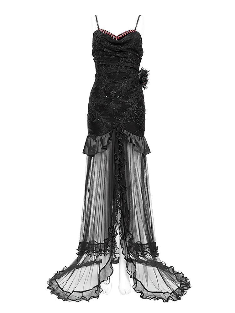 Gothic Black Velvet and Sheer Mesh High-Low Dress - image 4