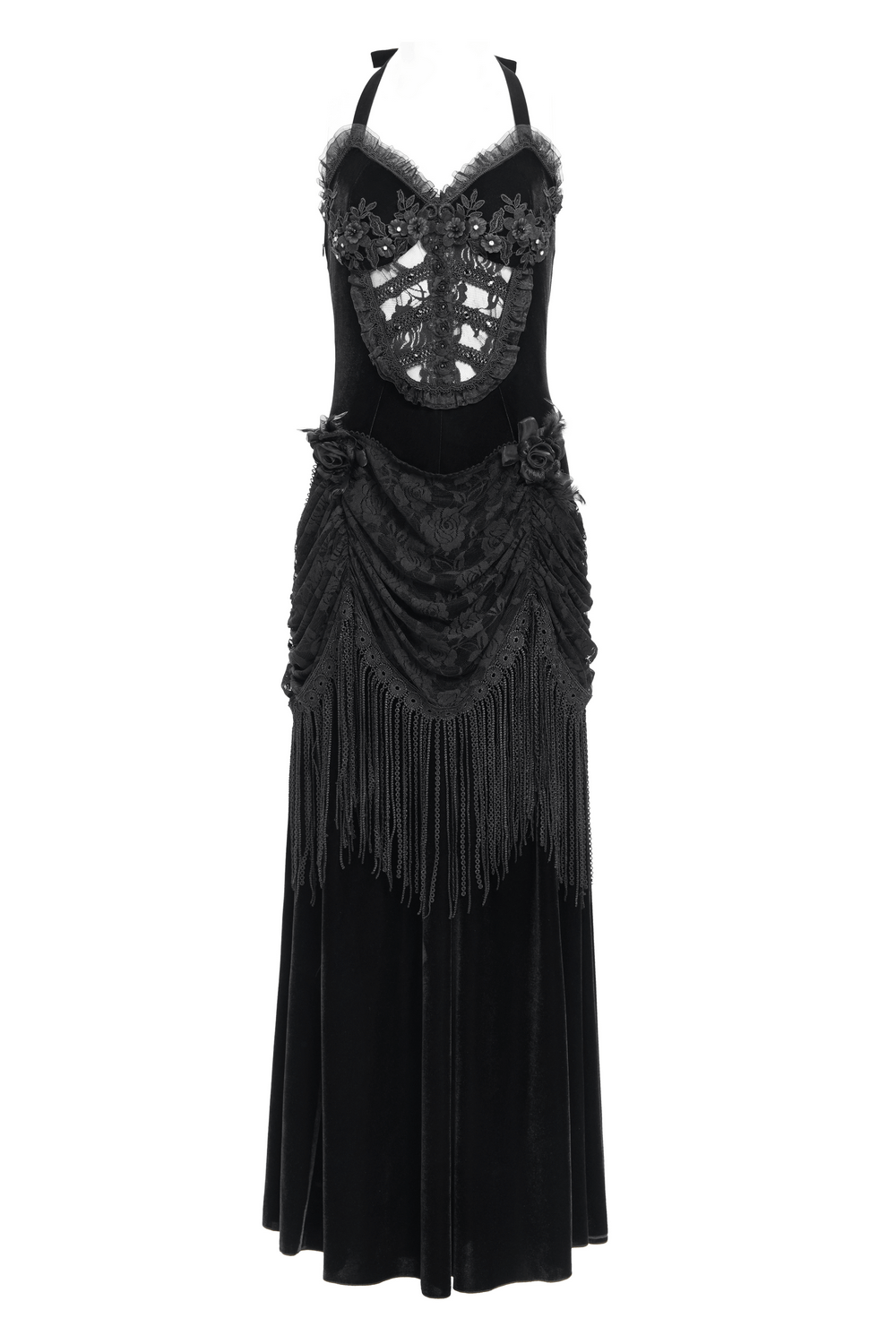 Gothic Black Velvet Dress with Lace and Fringe Details - image 4