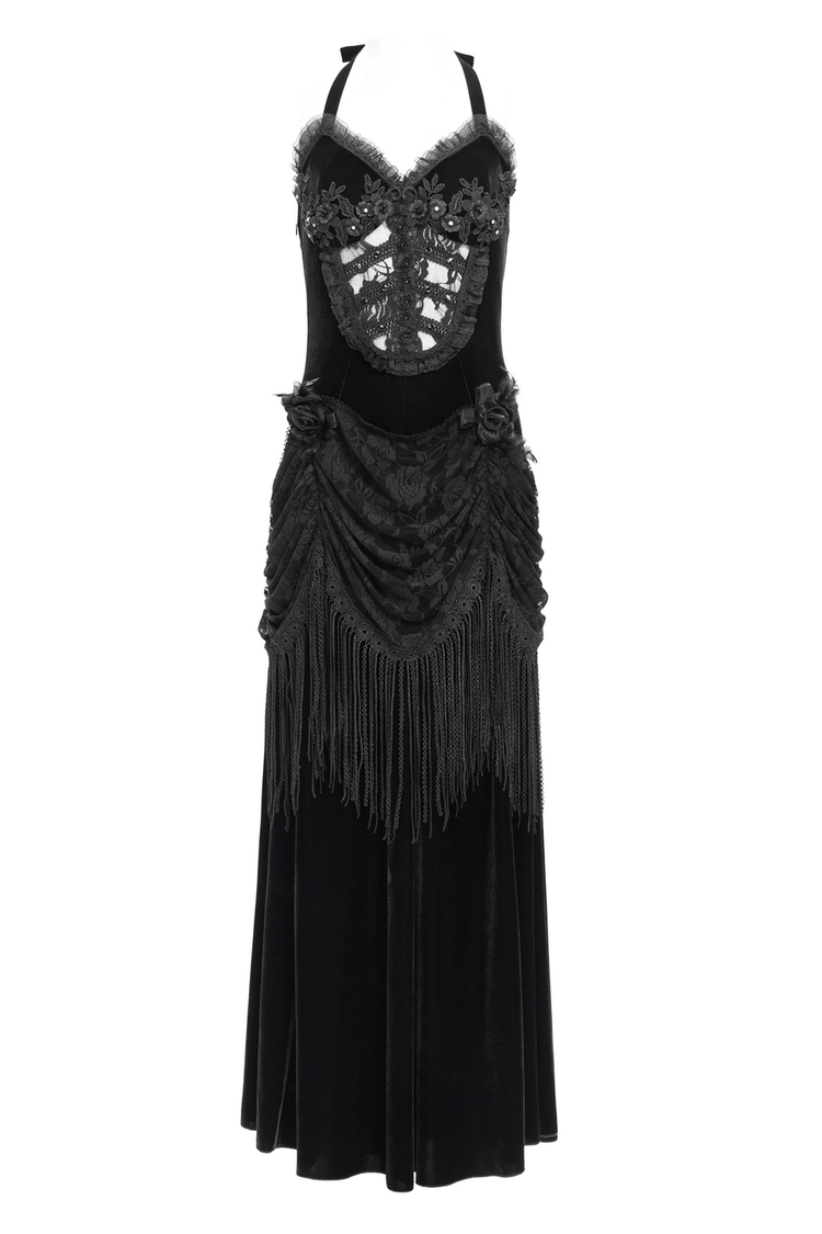 Gothic Black Velvet Dress with Lace and Fringe Details - image 4