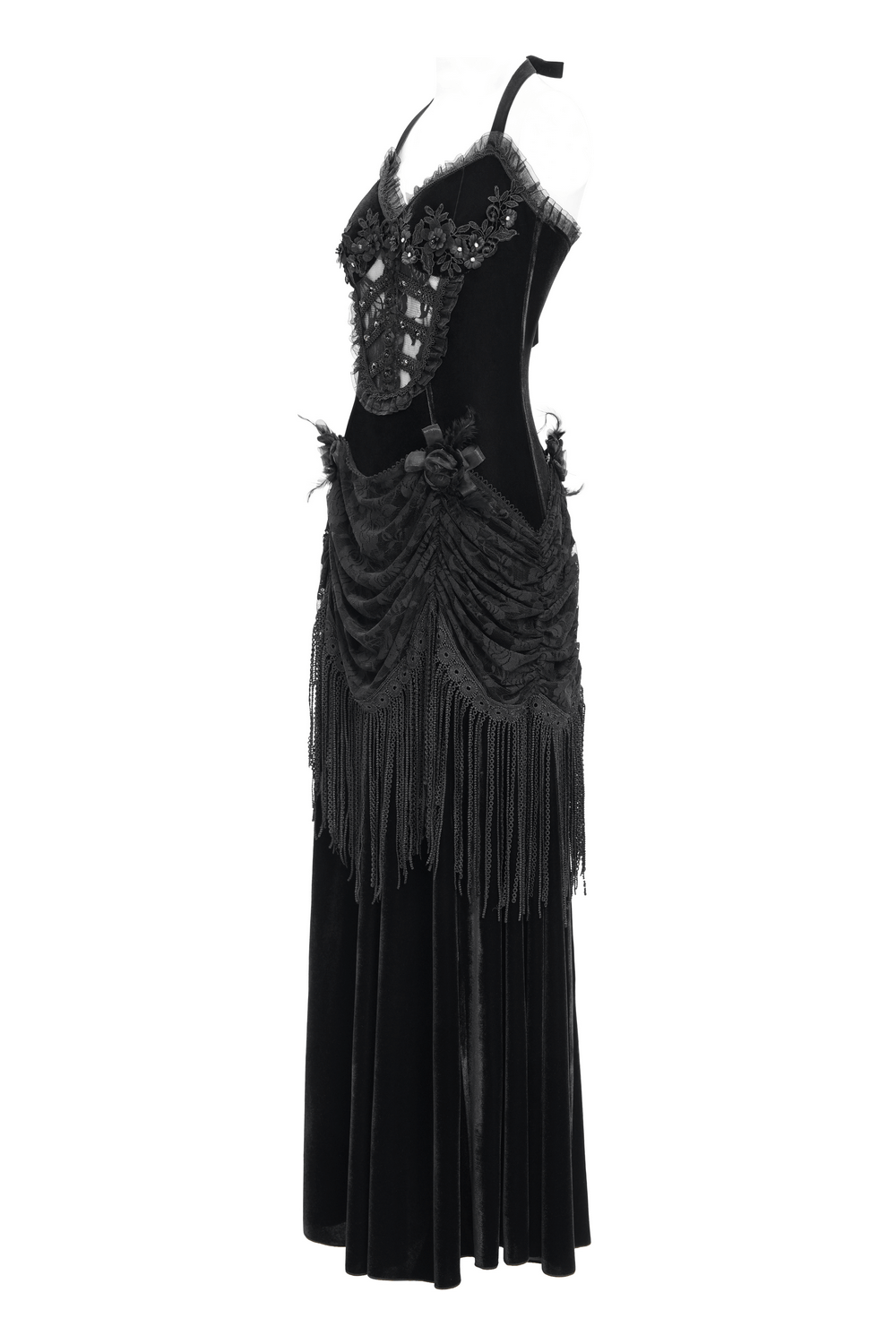 Gothic Black Velvet Dress with Lace and Fringe Details - image 5