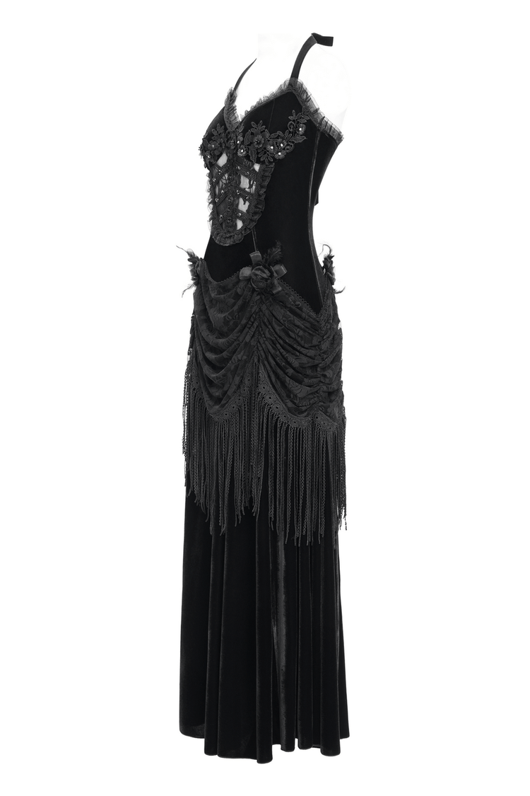 Gothic Black Velvet Dress with Lace and Fringe Details - image 5