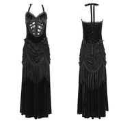 Gothic Black Velvet Dress with Lace and Fringe Details - image 3