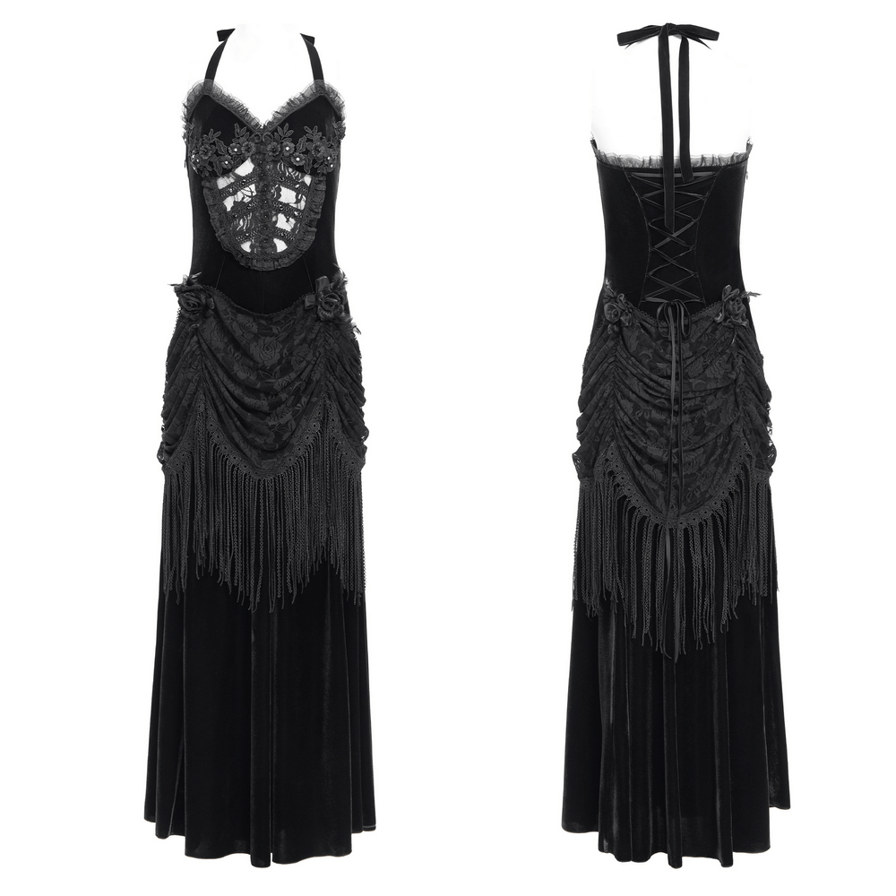 Gothic Black Velvet Dress with Lace and Fringe Details - image 3