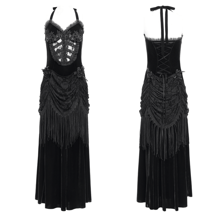 Gothic Black Velvet Dress with Lace and Fringe Details - image 3