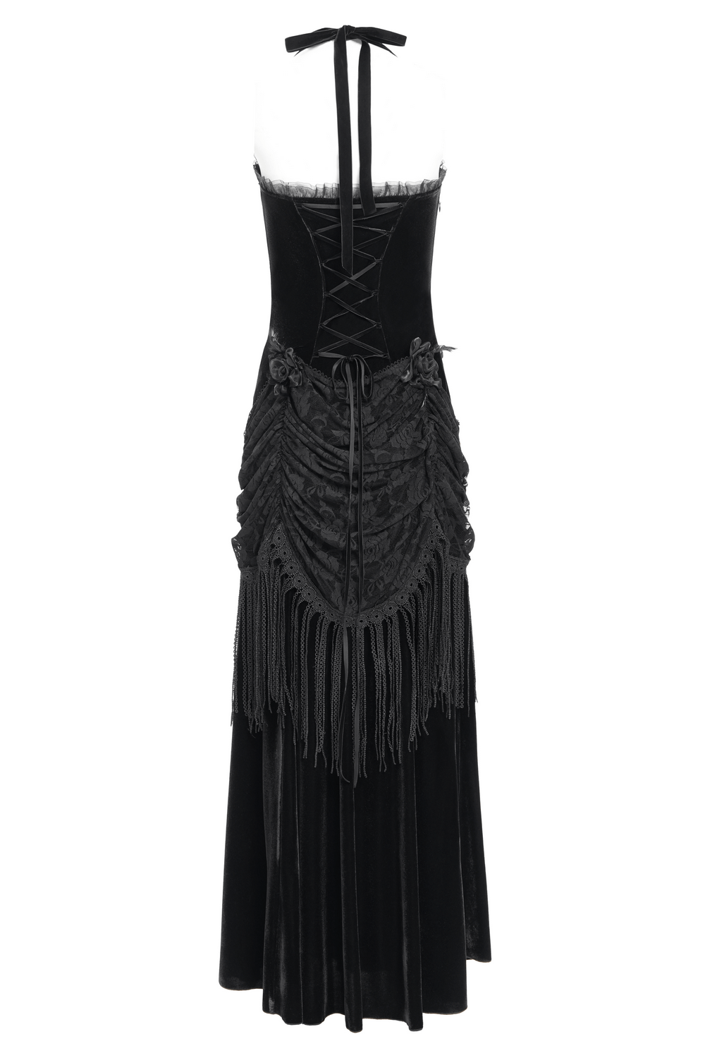 Gothic Black Velvet Dress with Lace and Fringe Details - image 6