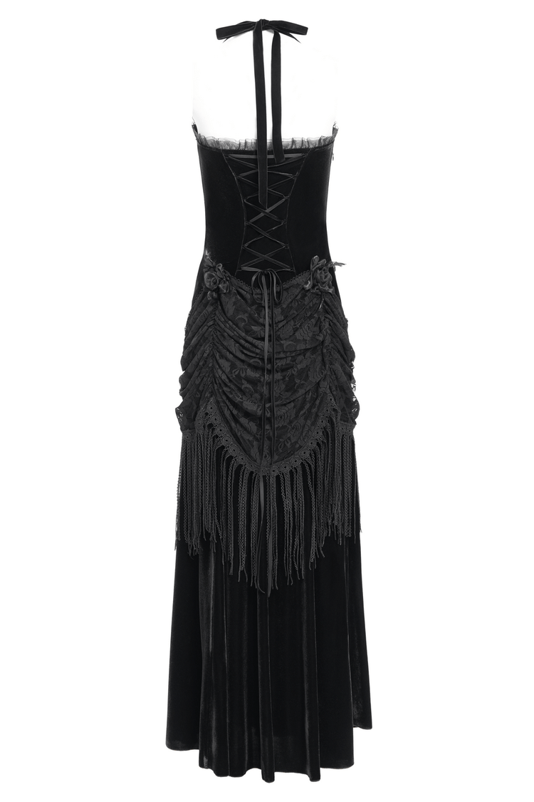 Gothic Black Velvet Dress with Lace and Fringe Details - image 6