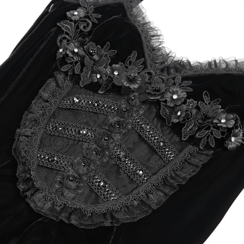 Gothic Black Velvet Dress with Lace and Fringe Details - image 7