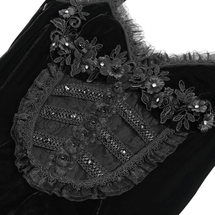 Gothic Black Velvet Dress with Lace and Fringe Details - image 7