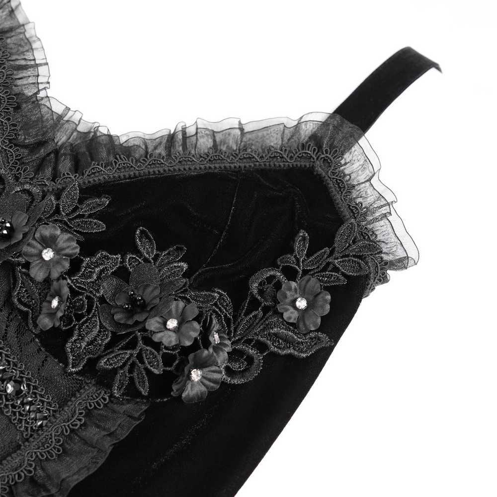 Gothic Black Velvet Dress with Lace and Fringe Details - image 8