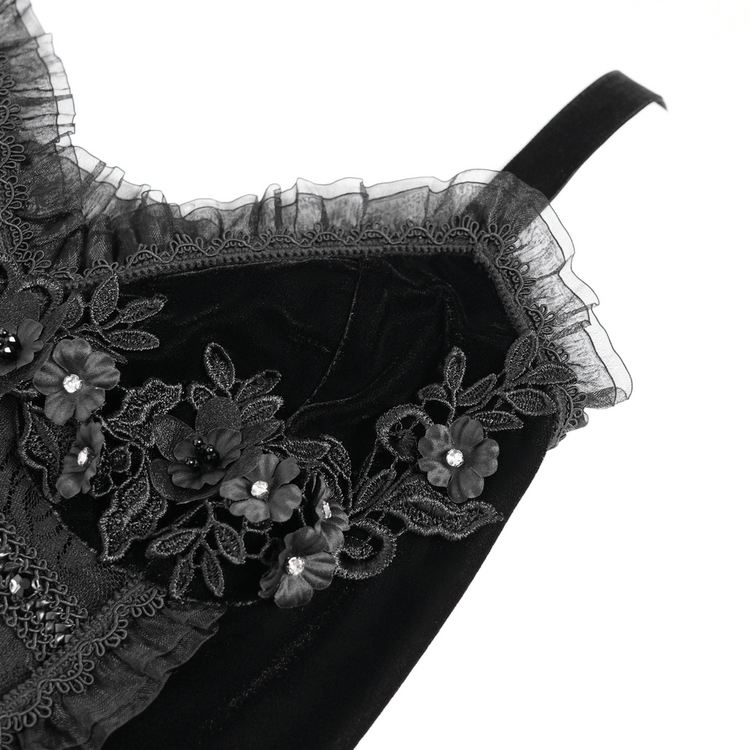 Gothic Black Velvet Dress with Lace and Fringe Details - image 8