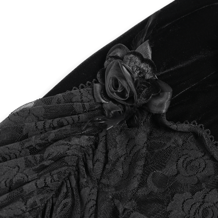 Gothic Black Velvet Dress with Lace and Fringe Details - image 9