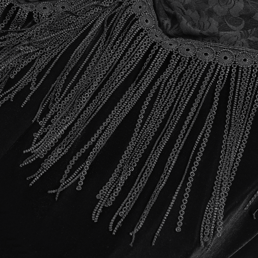 Gothic Black Velvet Dress with Lace and Fringe Details - image 11