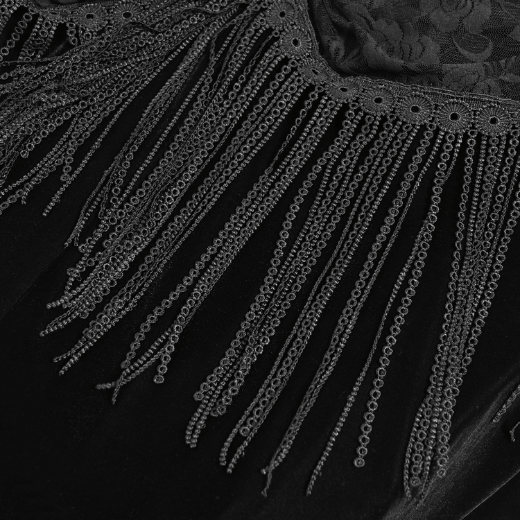 Gothic Black Velvet Dress with Lace and Fringe Details - image 11