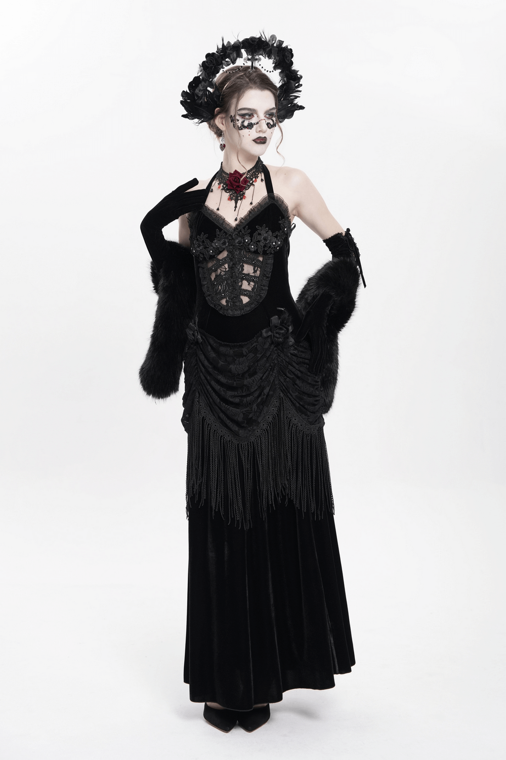 Gothic Black Velvet Dress with Lace and Fringe Details - image 15