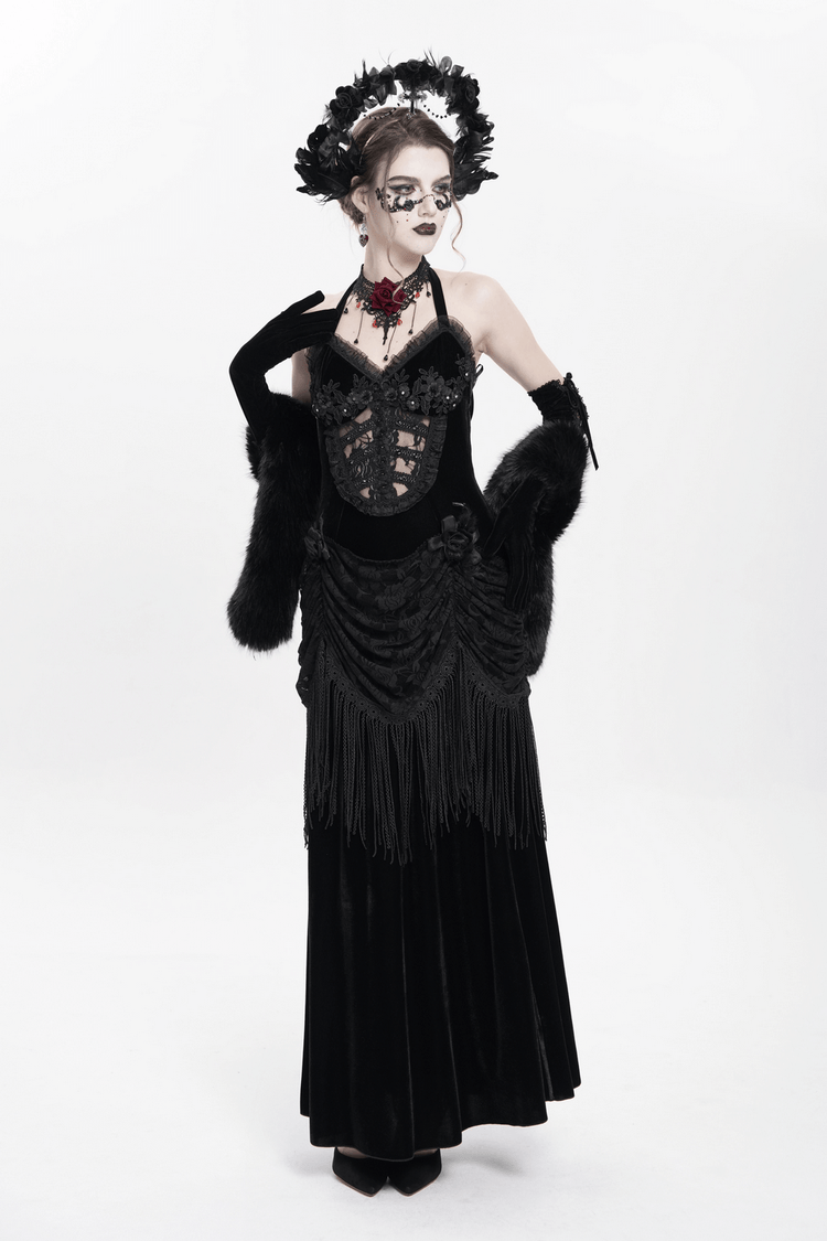 Gothic Black Velvet Dress with Lace and Fringe Details - image 15