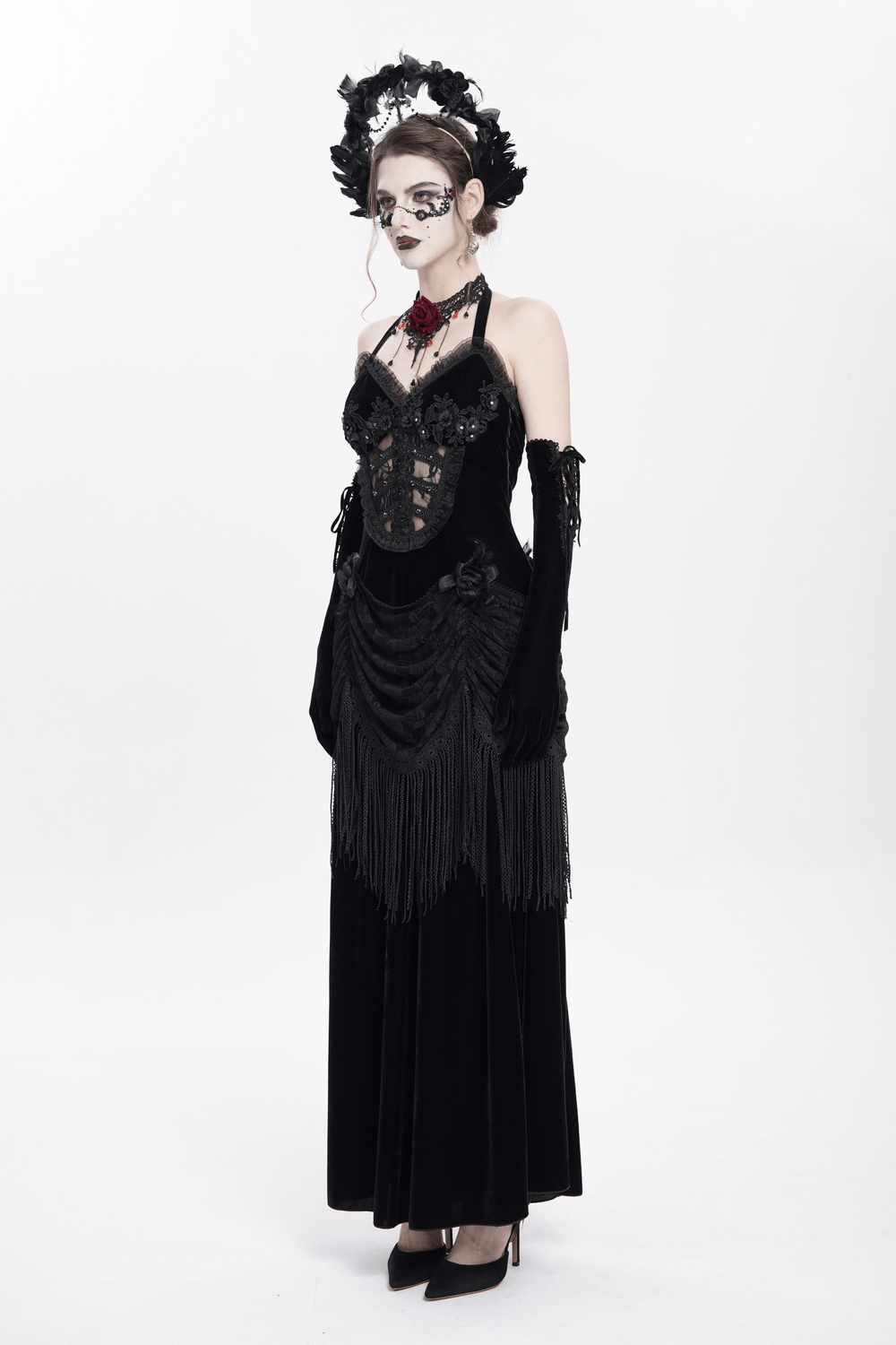 Gothic Black Velvet Dress with Lace and Fringe Details - image 16