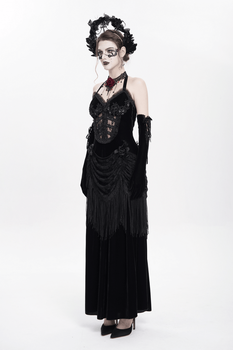 Gothic Black Velvet Dress with Lace and Fringe Details - image 16