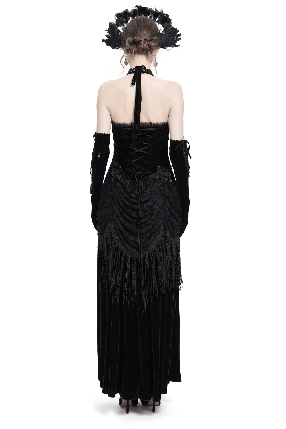 Gothic Black Velvet Dress with Lace and Fringe Details - image 2