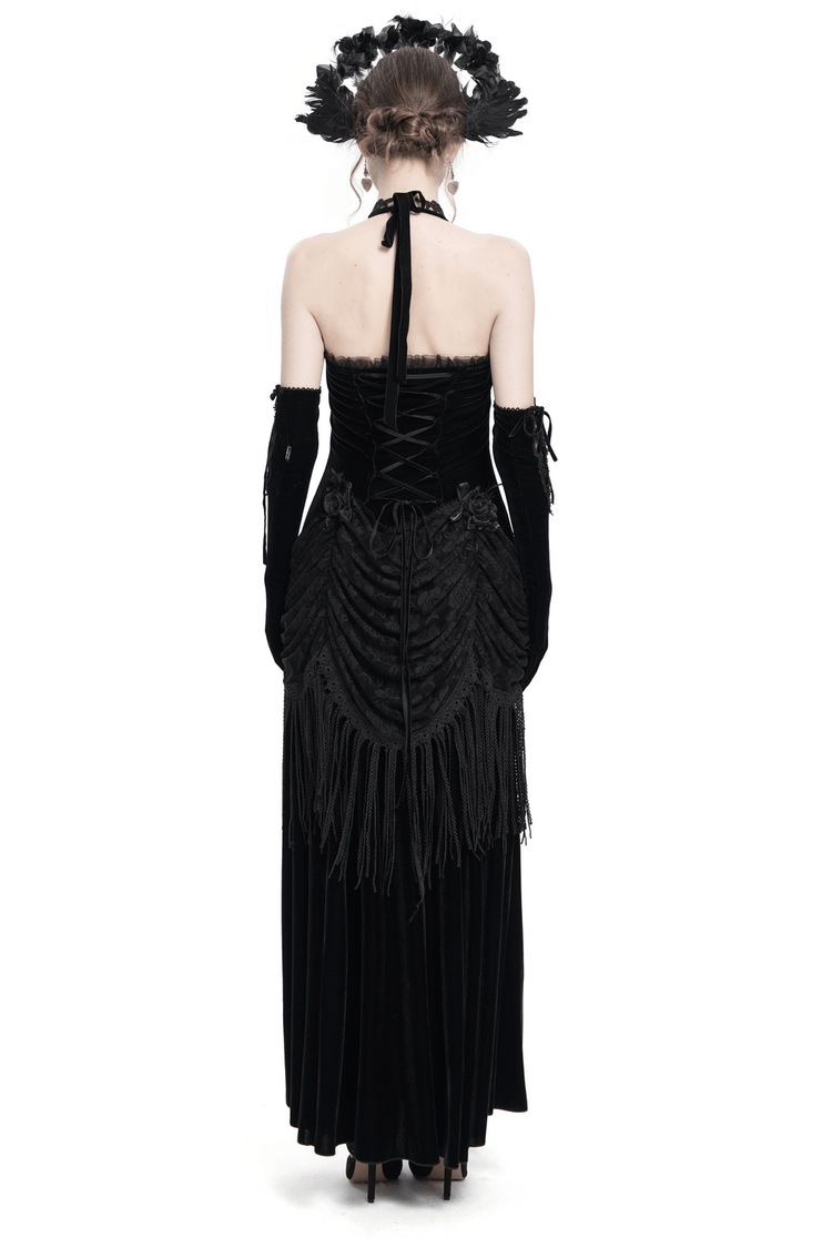 Gothic Black Velvet Dress with Lace and Fringe Details - image 2