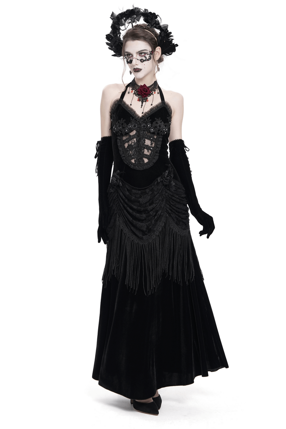 Gothic Black Velvet Dress with Lace and Fringe Details - image 1