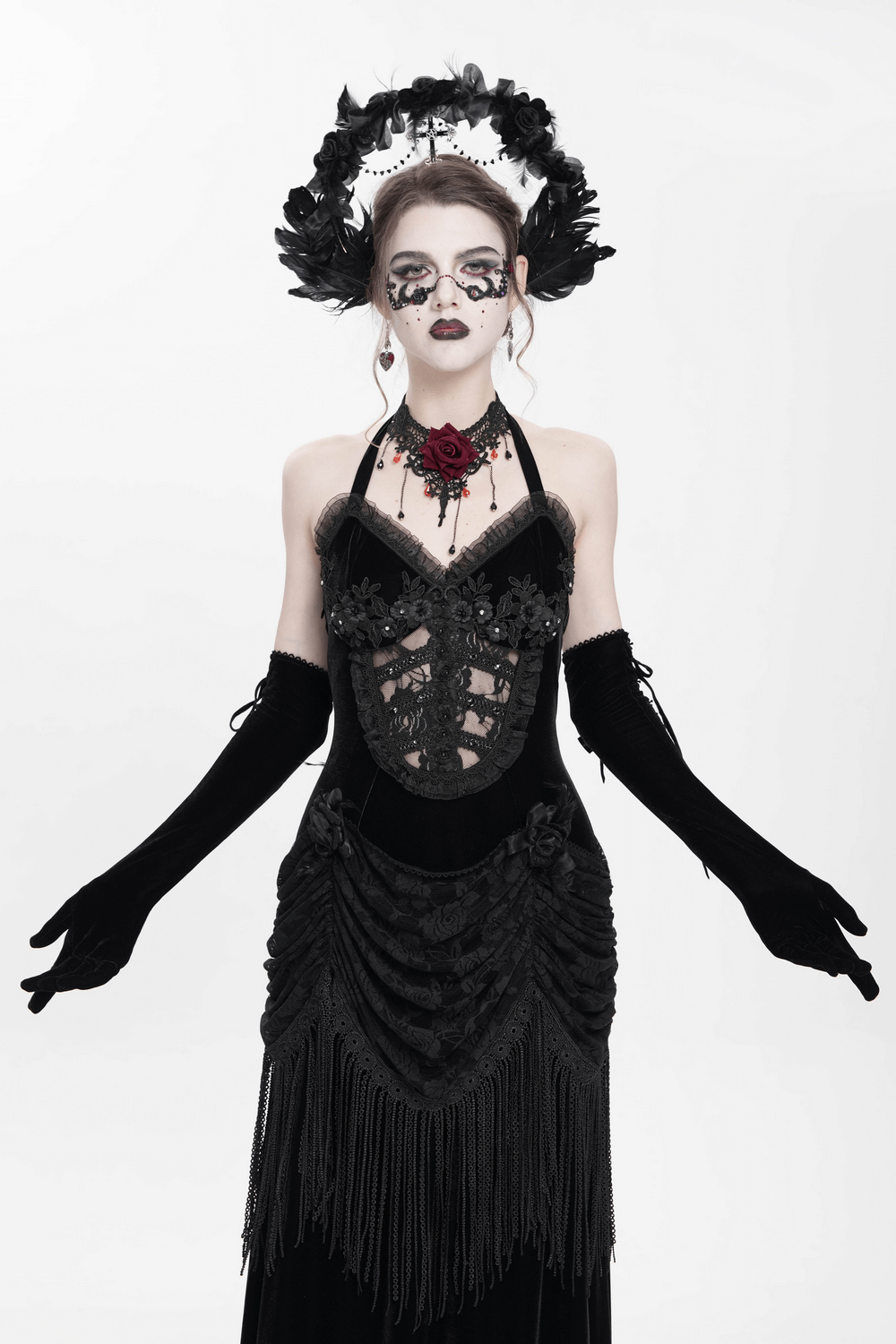 Gothic Black Velvet Dress with Lace and Fringe Details - image 17