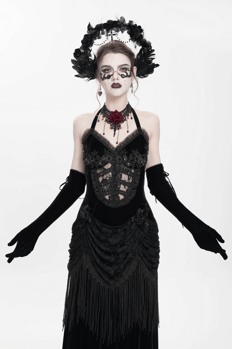 Gothic Black Velvet Dress with Lace and Fringe Details - image 17