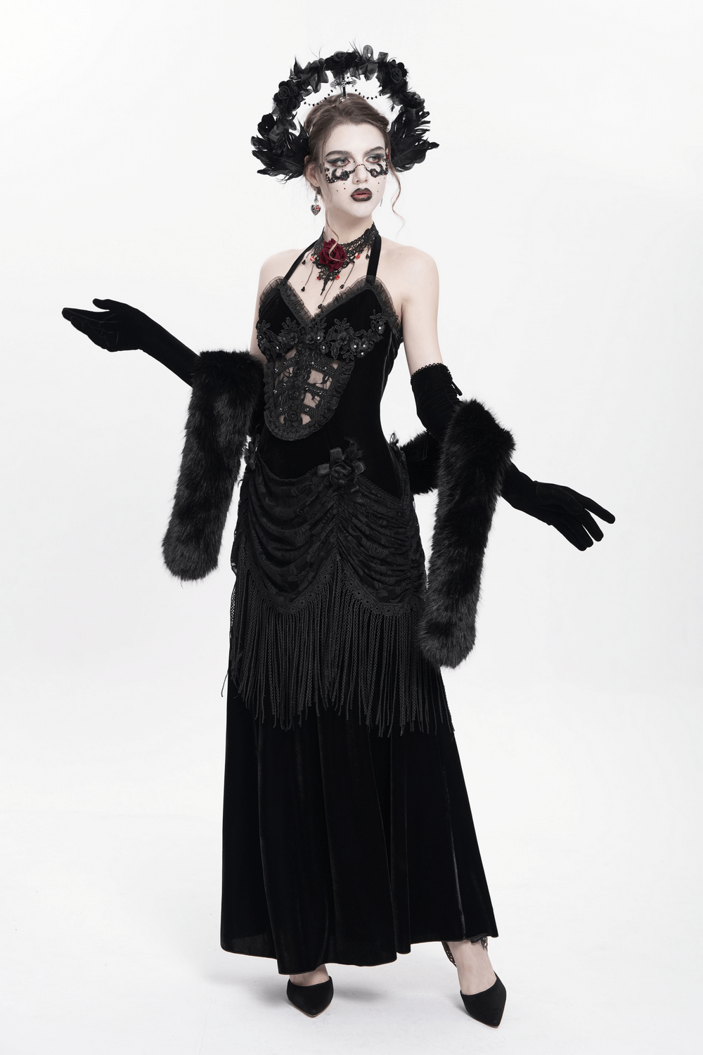 Gothic Black Velvet Dress with Lace and Fringe Details - image 18