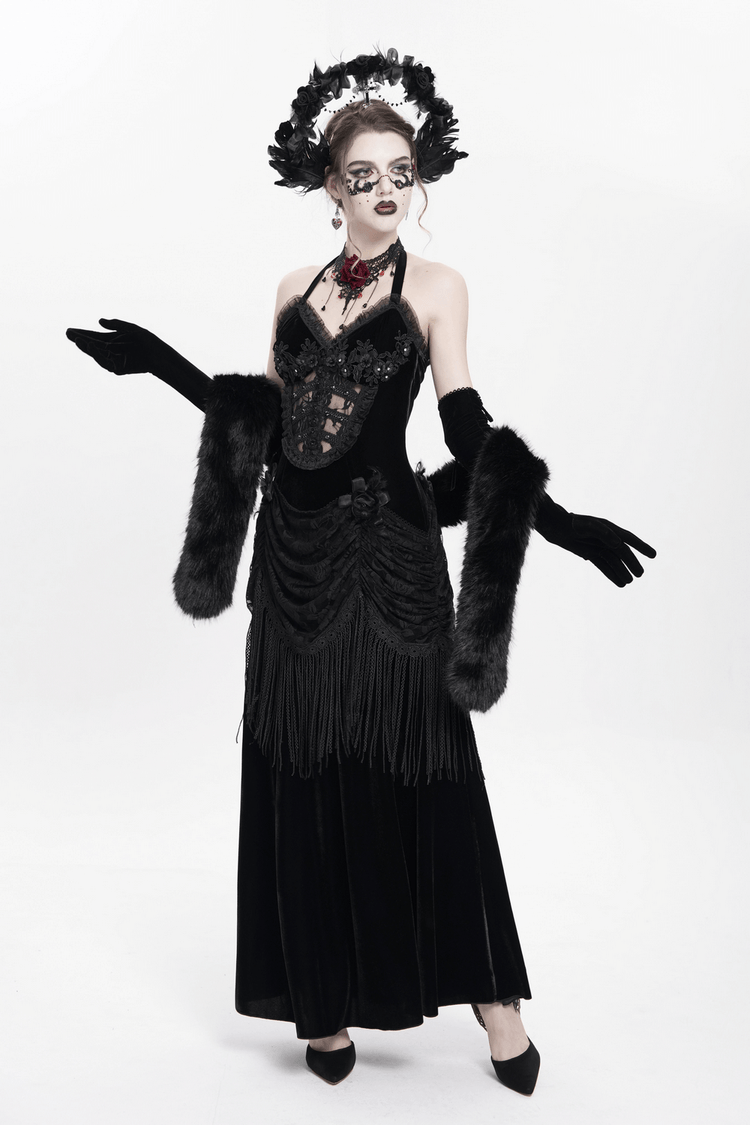 Gothic Black Velvet Dress with Lace and Fringe Details - image 18
