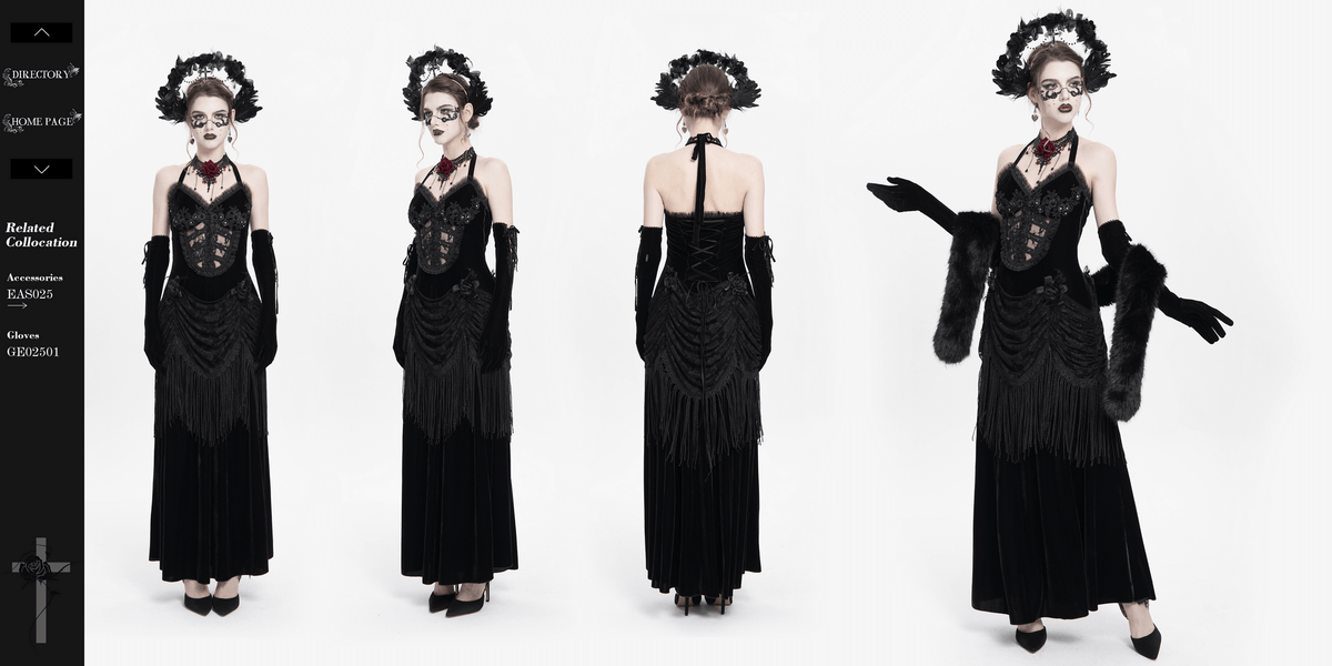 Gothic Black Velvet Dress with Lace and Fringe Details - image 19
