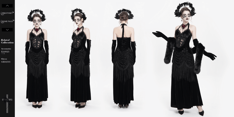 Gothic Black Velvet Dress with Lace and Fringe Details - image 19