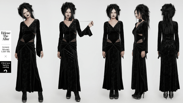 Gothic Black Velvet Long Dress with Embossed Details - image 13