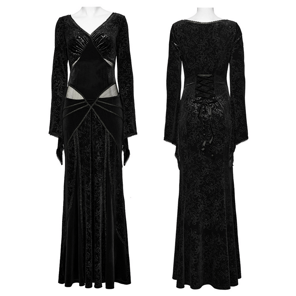 Gothic Black Velvet Long Dress with Embossed Details - image 3