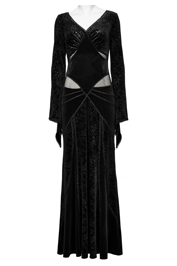 Gothic Black Velvet Long Dress with Embossed Details - image 4