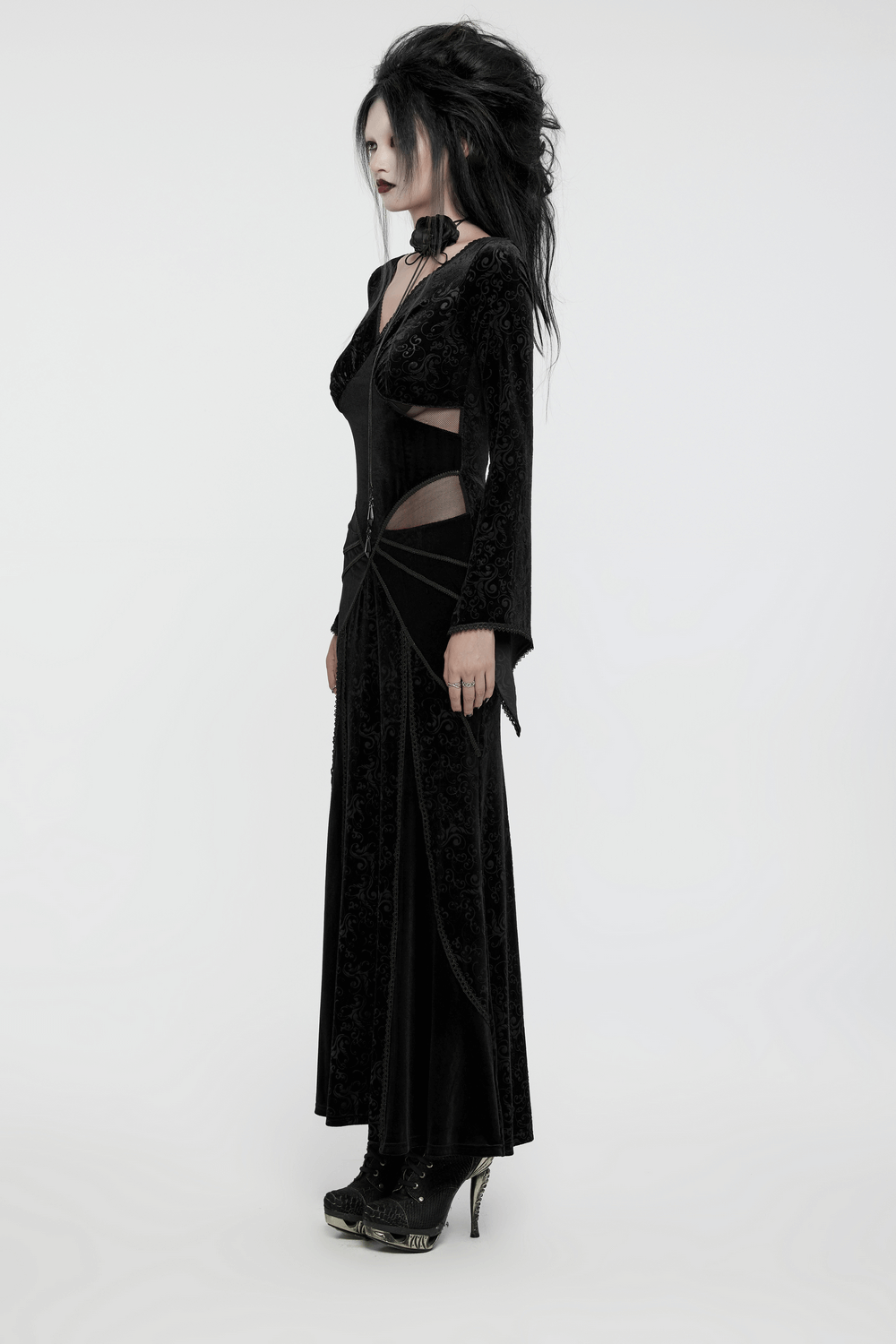 Gothic Black Velvet Long Dress with Embossed Details - image 11