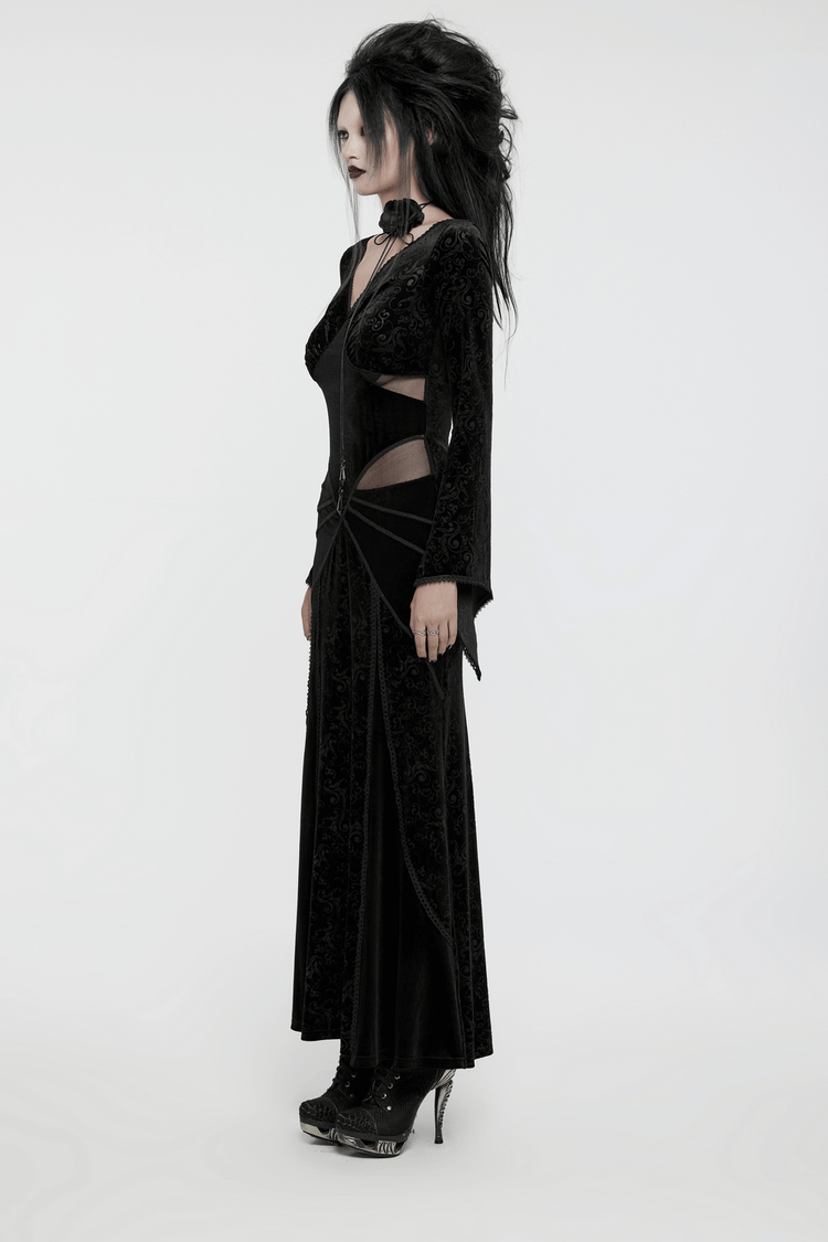 Gothic Black Velvet Long Dress with Embossed Details - image 11