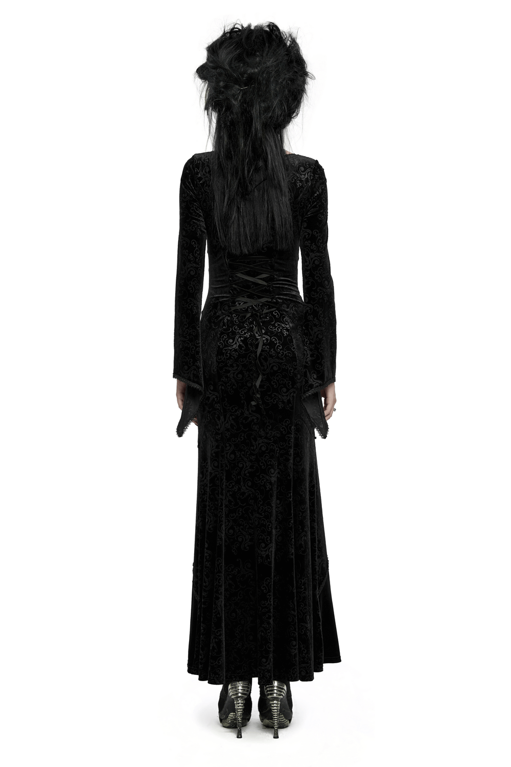 Gothic Black Velvet Long Dress with Embossed Details - image 2