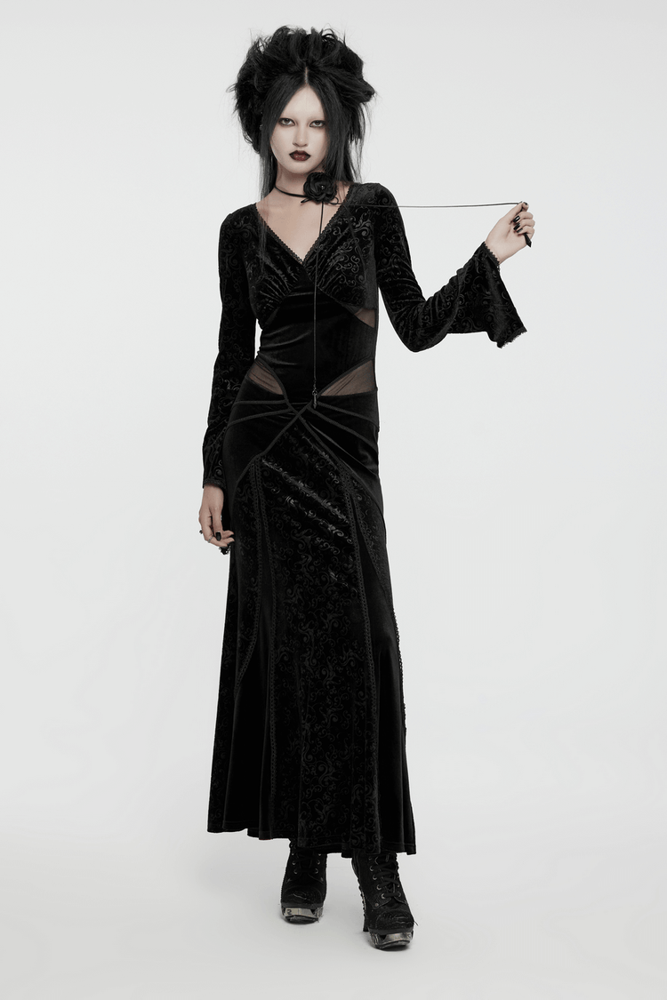 Gothic Black Velvet Long Dress with Embossed Details - image 12