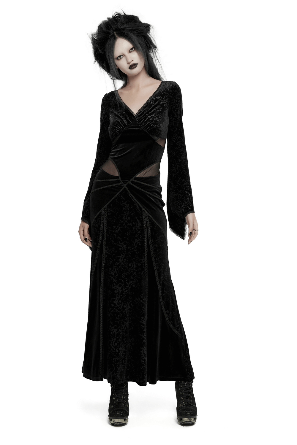 Gothic Black Velvet Long Dress with Embossed Details - image 1