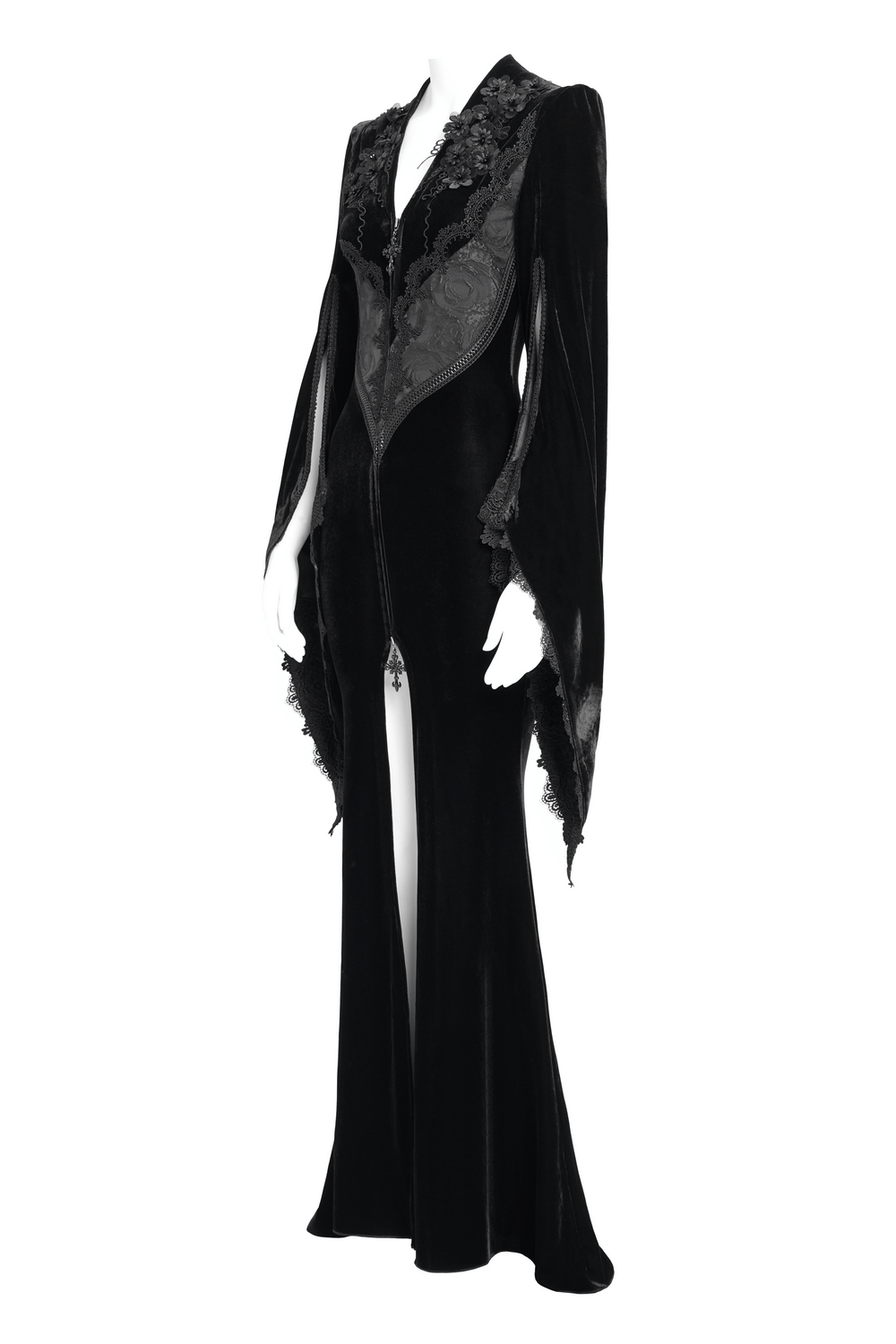 Gothic Black Velvet Long Dress with Lace and Zipper - image 4