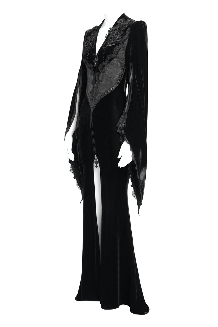 Gothic Black Velvet Long Dress with Lace and Zipper - image 4