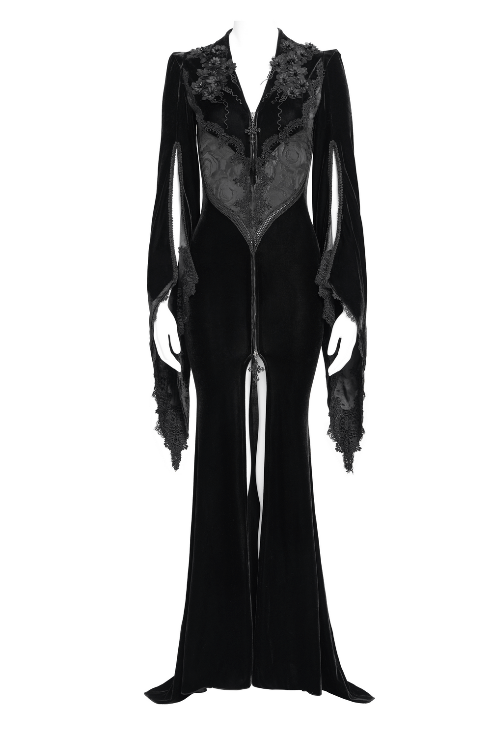 Gothic Black Velvet Long Dress with Lace and Zipper - image 5