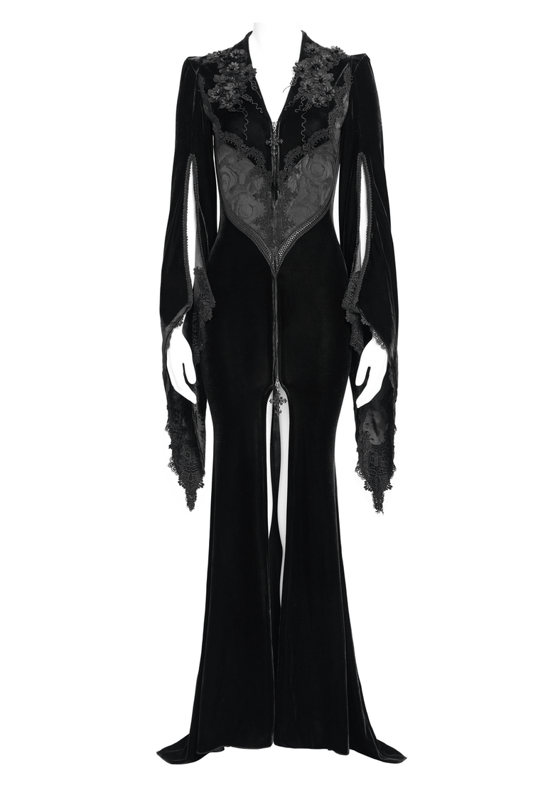 Gothic Black Velvet Long Dress with Lace and Zipper - image 5