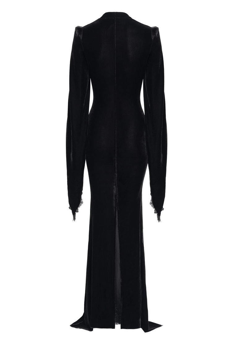 Gothic Black Velvet Long Dress with Lace and Zipper - image 6