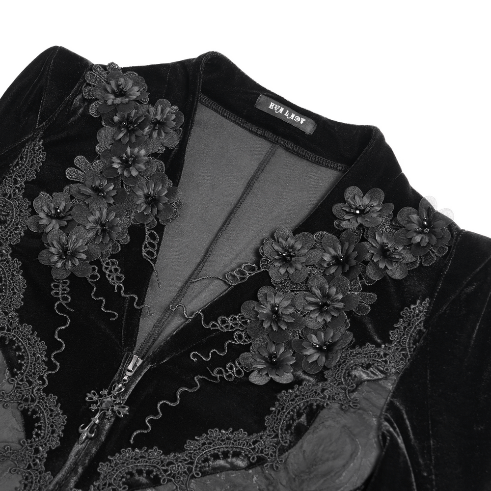 Gothic Black Velvet Long Dress with Lace and Zipper - image 7