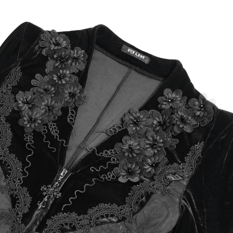 Gothic Black Velvet Long Dress with Lace and Zipper - image 7