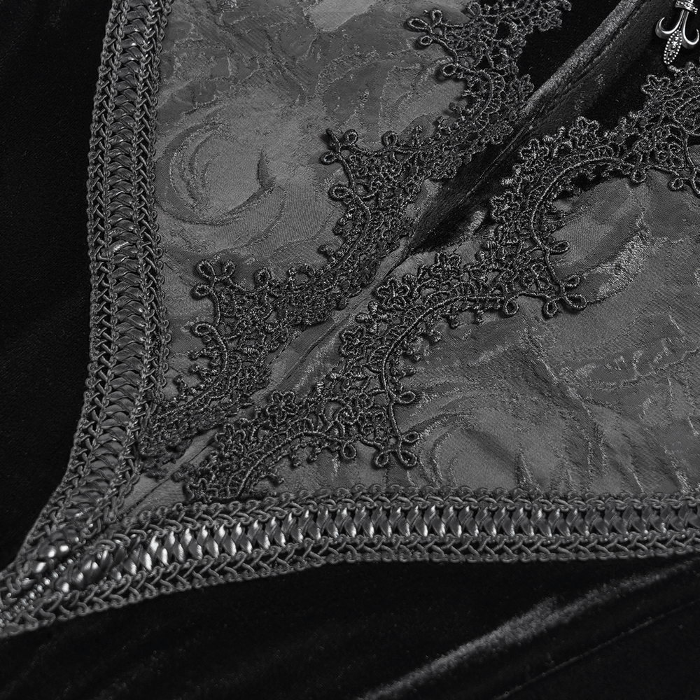 Gothic Black Velvet Long Dress with Lace and Zipper - image 10